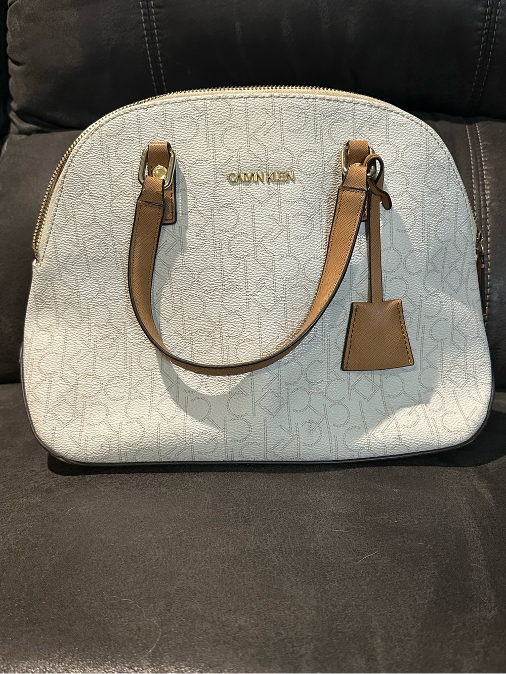 Calvin Klein Cream Logo Dome Satchel with Brown Trim